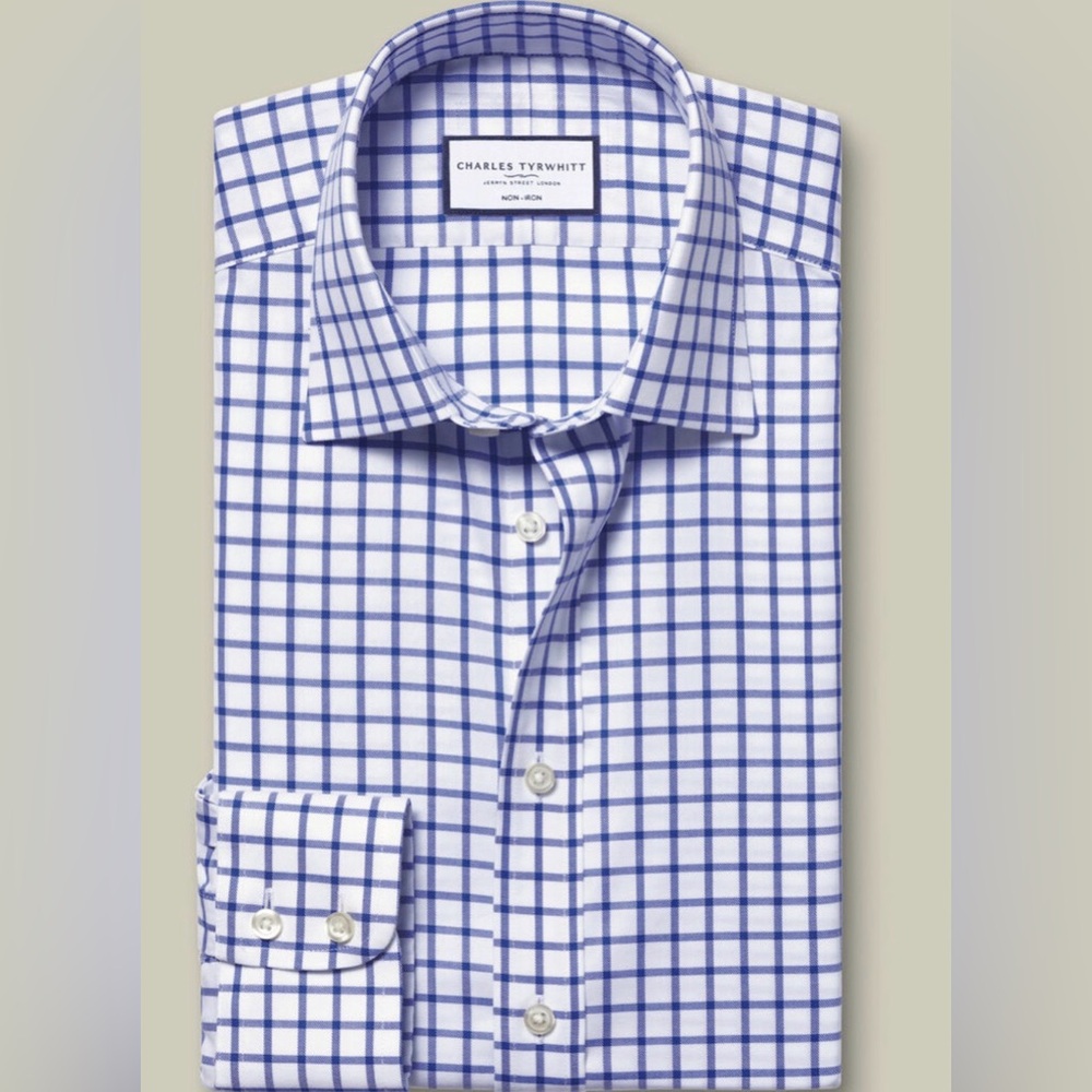Charles Tyrwhitt White and Blue Grid Slim Fit Dress Shirt - 16.5/35